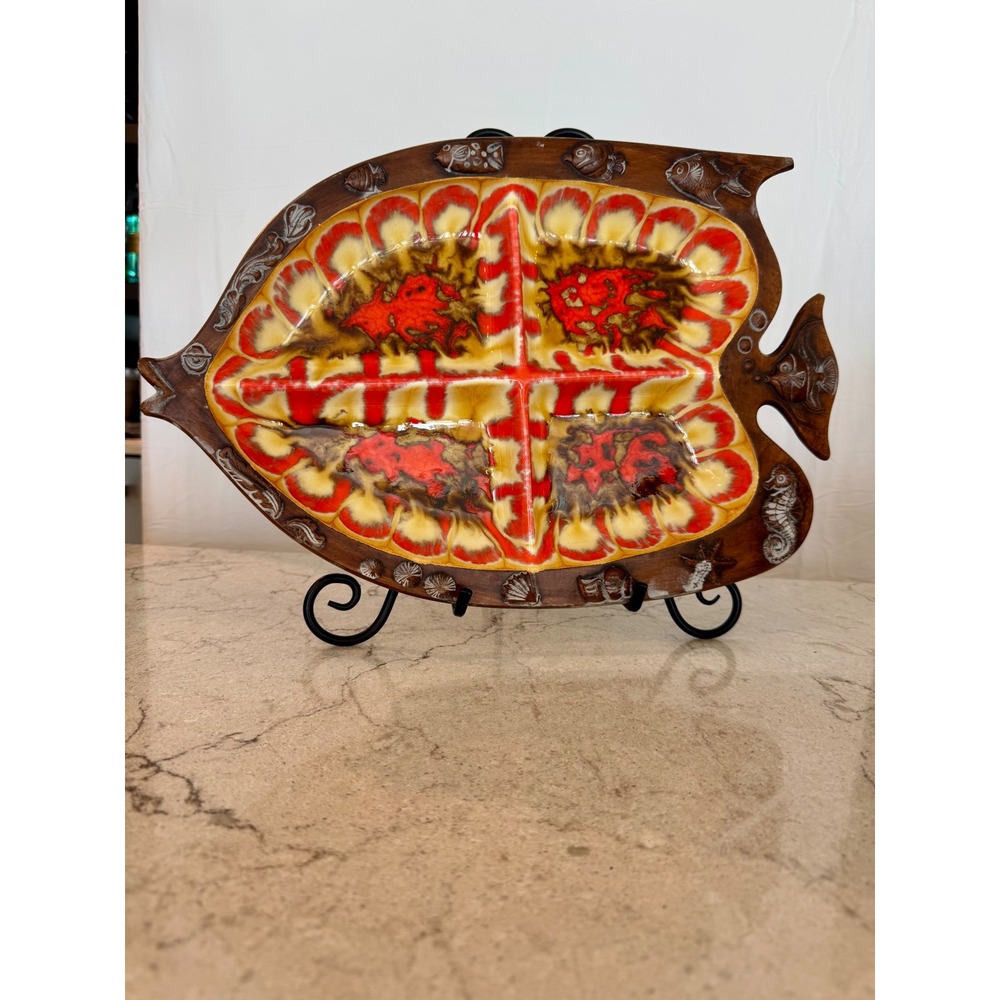 Vintage Treasure Craft Fish Serving Tray Lava Glaze Ceramic Divided Dish USA